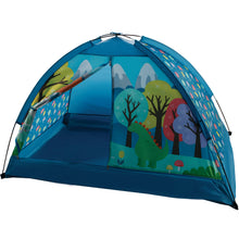 Kids play tent with blue border and dinosaur/forest scene on mesh sides