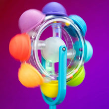 Light-up spinning toy with clear rainbow reel, blue pole, and multi-color handles