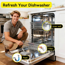 Dishwasher cleaner tablet inserted, open dishwasher showing filter and inner wall