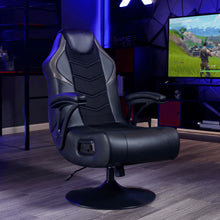 Black gaming chair with headrest, RGB trim, and pedestal base