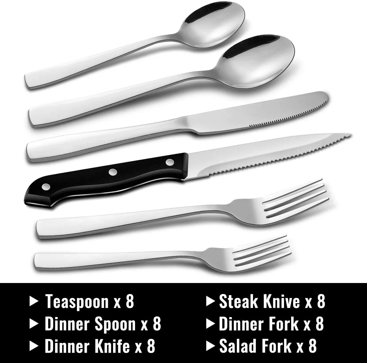 48-Piece Mirror Finished Black Silverware Set with Steak Knives, Black Flatware Set for 8, Stainless Steel Tableware Cutlery Set, Utensil Sets for Kitchen