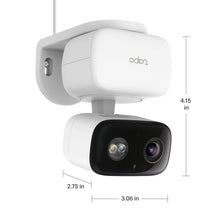 TP-Link Tapo pan-tilt security camera with size diagram, white body and black lens module