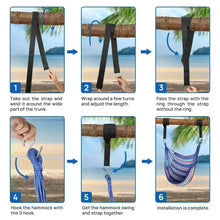 Hammock chair swing installation showing hanging straps wrapped around a support bar