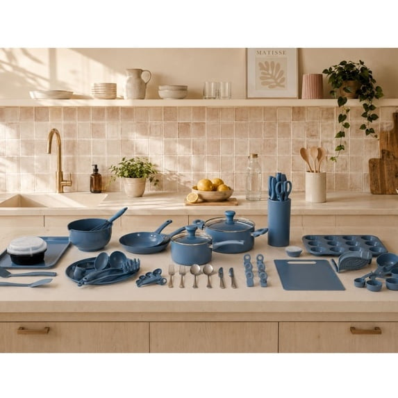 Elements by Thyme & Table 60-Piece Ceramic Non-Stick Cookware Set - Blue