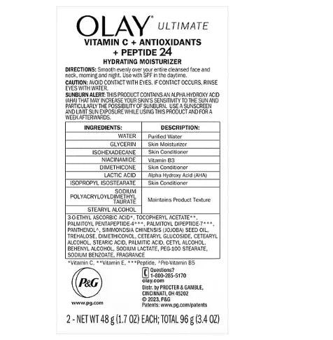 Olay Ultimate Vitamin C + Antioxidants + Peptide 24 Hydrating Moisturizer, 1.7 oz., 2 pk.