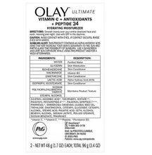 OLAY Ultimate hydrating moisturizer label panel with ingredients and directions
