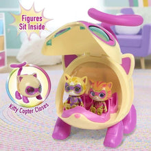 Cat copter toy with 2 kitten figures inside open purple cockpit and purple tail rotor