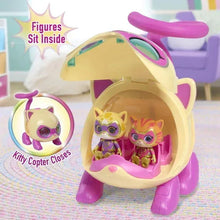 Cream cat copter toy with purple wheels holding two mini cat figures inside