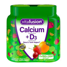 Calcium + D3 vitamin gummy supplement bottle, green with fruit graphics and front label.