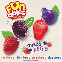 Funables mixed berry fruity snacks box front with strawberry, berry, and grapes graphic