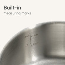Stainless steel saucepan interior with volume measurement markings