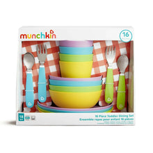Munchkin 16-piece toddler dining set box showing stacked bowls, plates, and utensils.