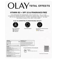 Olay Total Effects face moisturizer box back: vitamin B3, SPF 15, fragrance-free