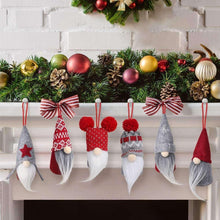 Plush gnome ornament set of 6 lined up, red-and-gray hats with pom-poms and beards