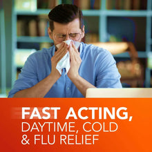 Person wiping nose with a tissue, cold & flu relief promotional panel