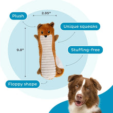 Orange fox plush dog toy with ribbed white squeaker panel and floppy shape