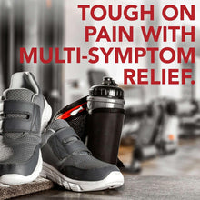 Multi-symptom pain relief bottle with caplets next to athletic shoes