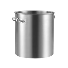 Stainless steel stockpot with side latch handle and wide rim, brushed silver