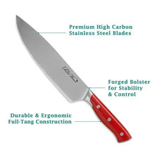 Red-handled stainless steel chef knife with bolster and full-tang construction