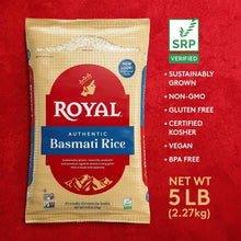 Basmati rice bag with Royal Authentic label and SRP verified badge, 5 lb