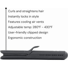 Black airflow flat iron hair styler lying on its side with vented plates