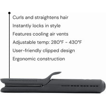 Black titanium flat iron hair straightener with airflow cooling vents and control buttons