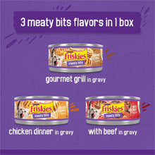 Wet cat food cans for three meaty bits flavors: gourmet grill and gravy