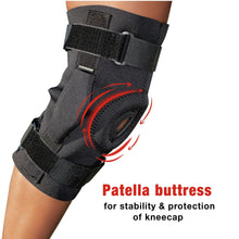 Black adjustable hinged knee brace with patella support and stabilizing strap