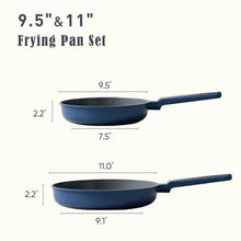 Two blue nonstick frying pans with long handles in varying sizes