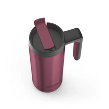 Thermos stainless steel mug with open lid, pink body and black handle