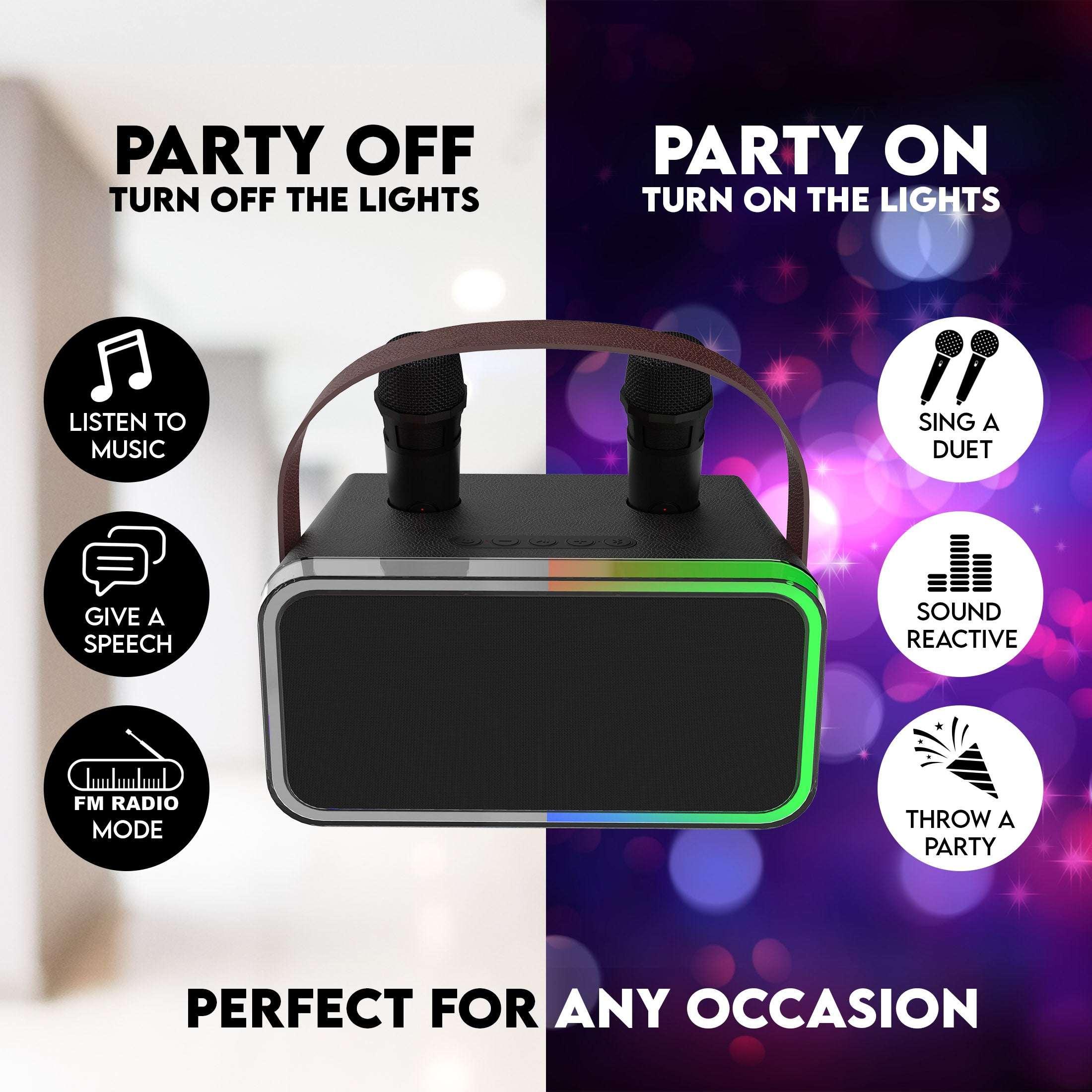 onn Karaoke Machine with 2 Wireless Microphones, LED Party Lights, 9 Hrs Playtime, Bluetooth, Voice Effects