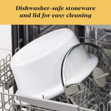 White slow-cooker stoneware insert with lid on dishwasher rack