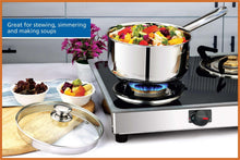 Stainless steel saucepan with lid on induction cooktop, full view