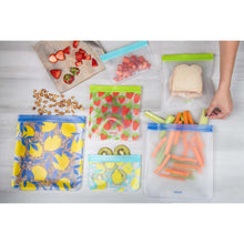 12-pack reusable plastic storage bags, summer fruit prints with blue or green seals