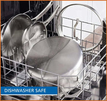 Stainless steel stock pot with glass lid placed in dishwasher rack