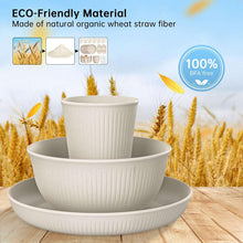 Beige wheat straw dinnerware set: stacked cups, bowls, and plates