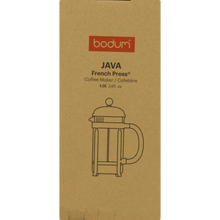 Java French press coffee maker box panel with illustration of carafe and plunger.