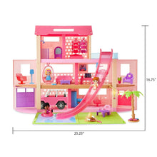 Pink dollhouse playset with slide and pool area, shown with size dimensions