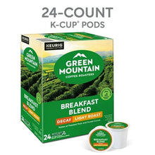 24-count K-Cup pods box with Green Mountain Breakfast Blend decaf light roast pod cup