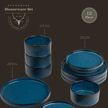 Blue-teal ceramic plates and bowls with matching ribbed cups, stacked as a set