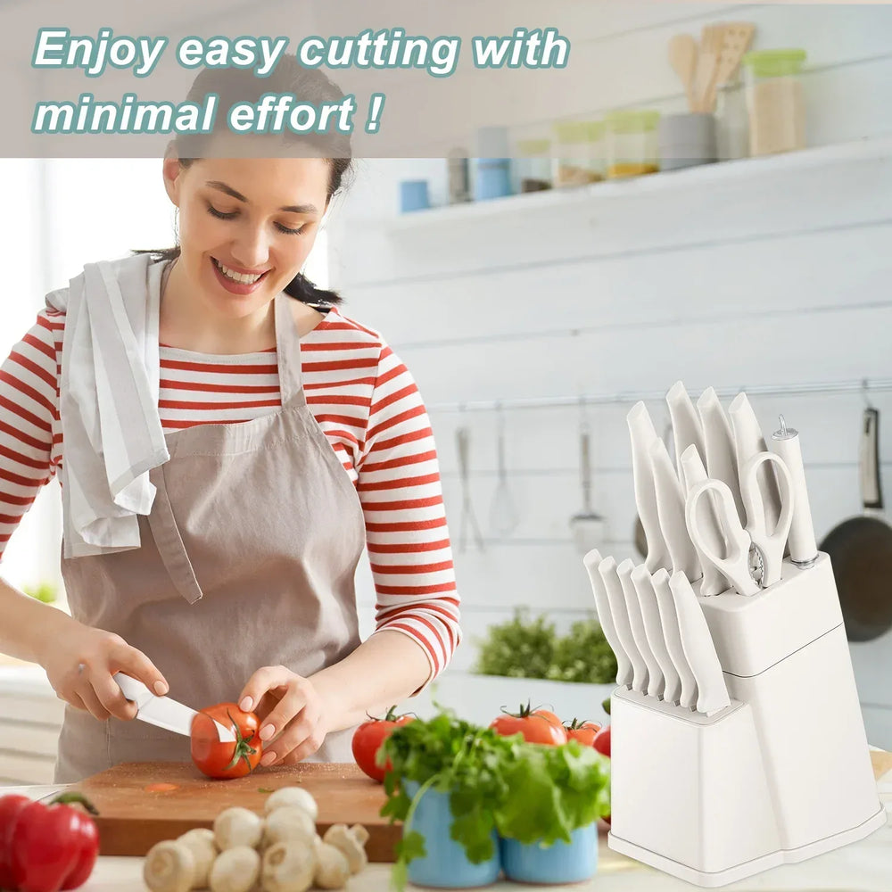 Vesteel Knife Set for Kitchen with Block, 15 Pcs High Carbon Stainless Steel Kitchen Knife Set with Self Sharpening - USA MEGA SHOP