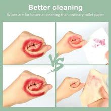 Wet wipes shown cleaning skin in step-by-step hand illustrations.