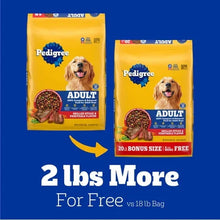 Two yellow adult dog food bags for 20 lb bonus size with arrow and “2 lbs more for free”