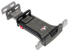 Black phone holder cradle with adjustable back plate and red latch, suction mount base