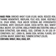 Ingredients list for lemon white chocolate Milano cookies, includes wheat and white chocolate