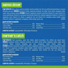 Wet cat food label panel for salmon dinner with ingredients and guaranteed analysis