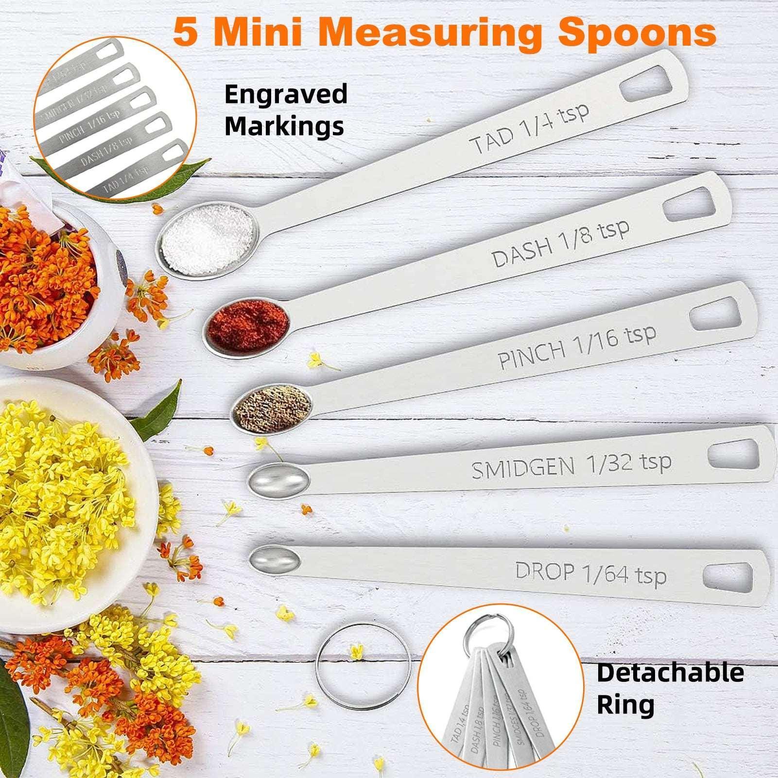 Measuring Cups and Spoons Set of 15, Kitchen Measuring Tool with Colored Silicone Handle, Including 5 Nesting Measuring Cups, 5 Spoons, 5 Mini Spoons Stainless Steel for Cooking Baking