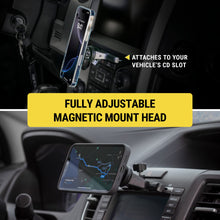 Black adjustable magnetic phone mount with cradle attached to a car CD slot