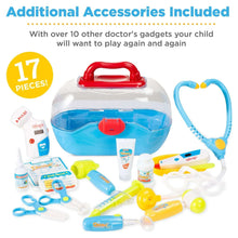 Play doctor accessories set with large blue carrying case, stethoscope and tools