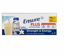 Ensure Plus vanilla nutrition shake 24-pack carton, bottles shown